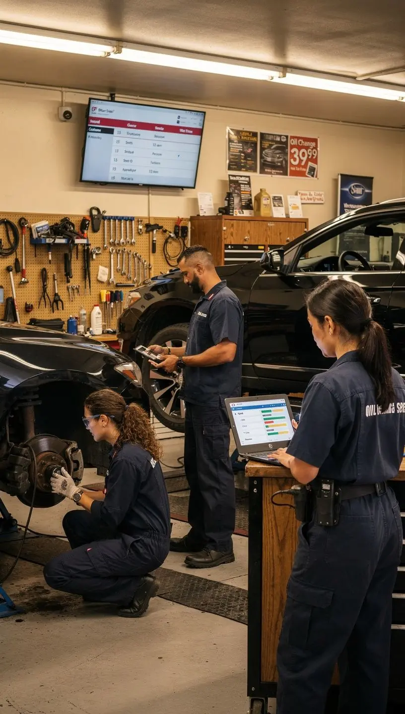 Interiér autoservisu so zreteľne usporiadanými nástrojmi a náhradnými dielmi.